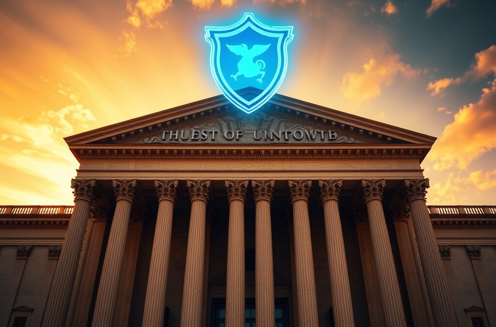 A grand neoclassical courthouse facade with imposing columns, dramatic sunset lighting casting long golden shadows, a translucent holographic shield symbol floating above the entrance glowing electric blue, dark navy sky with amber and gold tones, cinematic editorial photography, high contrast, subject in upper two-thirds, no text, no letters, no words, no writing, no signs, no labels, no watermarks, no logos, no typography, no numbers on surfaces