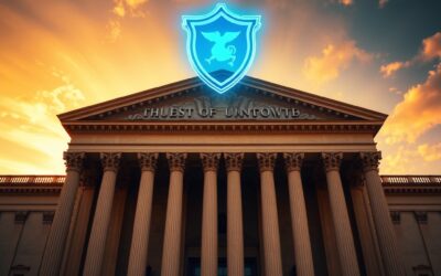 A grand neoclassical courthouse facade with imposing columns, dramatic sunset lighting casting long golden shadows, a translucent holographic shield symbol floating above the entrance glowing electric blue, dark navy sky with amber and gold tones, cinematic editorial photography, high contrast, subject in upper two-thirds, no text, no letters, no words, no writing, no signs, no labels, no watermarks, no logos, no typography, no numbers on surfaces