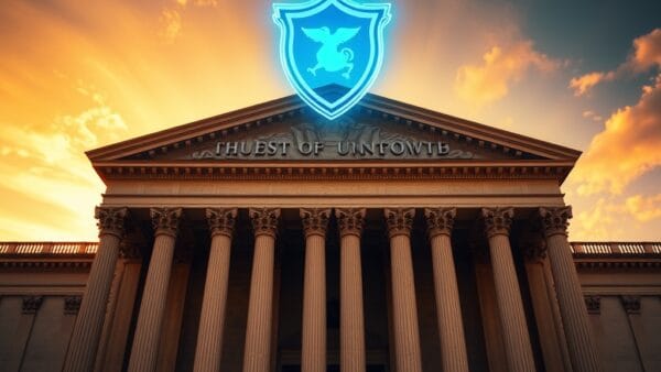 A grand neoclassical courthouse facade with imposing columns, dramatic sunset lighting casting long golden shadows, a translucent holographic shield symbol floating above the entrance glowing electric blue, dark navy sky with amber and gold tones, cinematic editorial photography, high contrast, subject in upper two-thirds, no text, no letters, no words, no writing, no signs, no labels, no watermarks, no logos, no typography, no numbers on surfaces