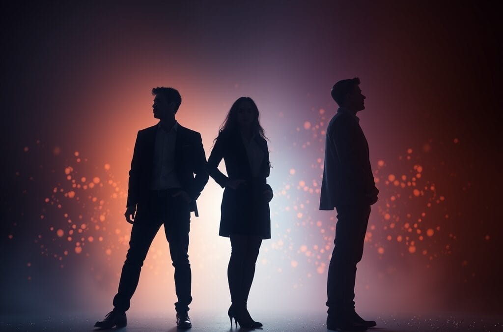 abstract silhouettes of young professionals fading into digital particles, dark navy gradient background, amber and blue contrast, cinematic editorial photography, no text no letters no words no writing no signs no labels no watermarks no logos no typography no numbers on surfaces