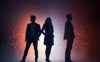 abstract silhouettes of young professionals fading into digital particles, dark navy gradient background, amber and blue contrast, cinematic editorial photography, no text no letters no words no writing no signs no labels no watermarks no logos no typography no numbers on surfaces