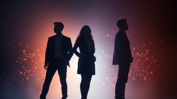 abstract silhouettes of young professionals fading into digital particles, dark navy gradient background, amber and blue contrast, cinematic editorial photography, no text no letters no words no writing no signs no labels no watermarks no logos no typography no numbers on surfaces