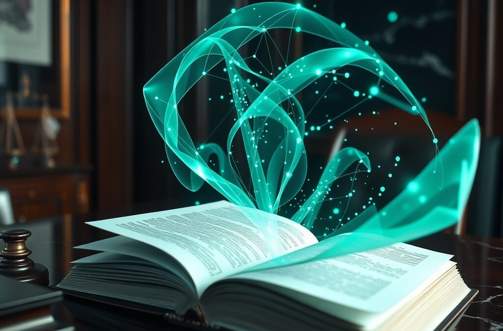 An elegant law office desk with holographic emerald green and blue data streams rising from an open legal book, translucent floating contract pages swirling around, dark wood and marble background, moody studio lighting with teal and emerald accents, cinematic editorial photography, depth of field, subject in upper two-thirds, no text, no letters, no words, no writing, no signs, no labels, no watermarks, no logos, no typography, no numbers on surfaces