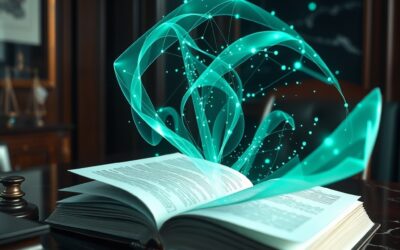 An elegant law office desk with holographic emerald green and blue data streams rising from an open legal book, translucent floating contract pages swirling around, dark wood and marble background, moody studio lighting with teal and emerald accents, cinematic editorial photography, depth of field, subject in upper two-thirds, no text, no letters, no words, no writing, no signs, no labels, no watermarks, no logos, no typography, no numbers on surfaces