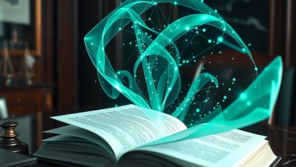 An elegant law office desk with holographic emerald green and blue data streams rising from an open legal book, translucent floating contract pages swirling around, dark wood and marble background, moody studio lighting with teal and emerald accents, cinematic editorial photography, depth of field, subject in upper two-thirds, no text, no letters, no words, no writing, no signs, no labels, no watermarks, no logos, no typography, no numbers on surfaces