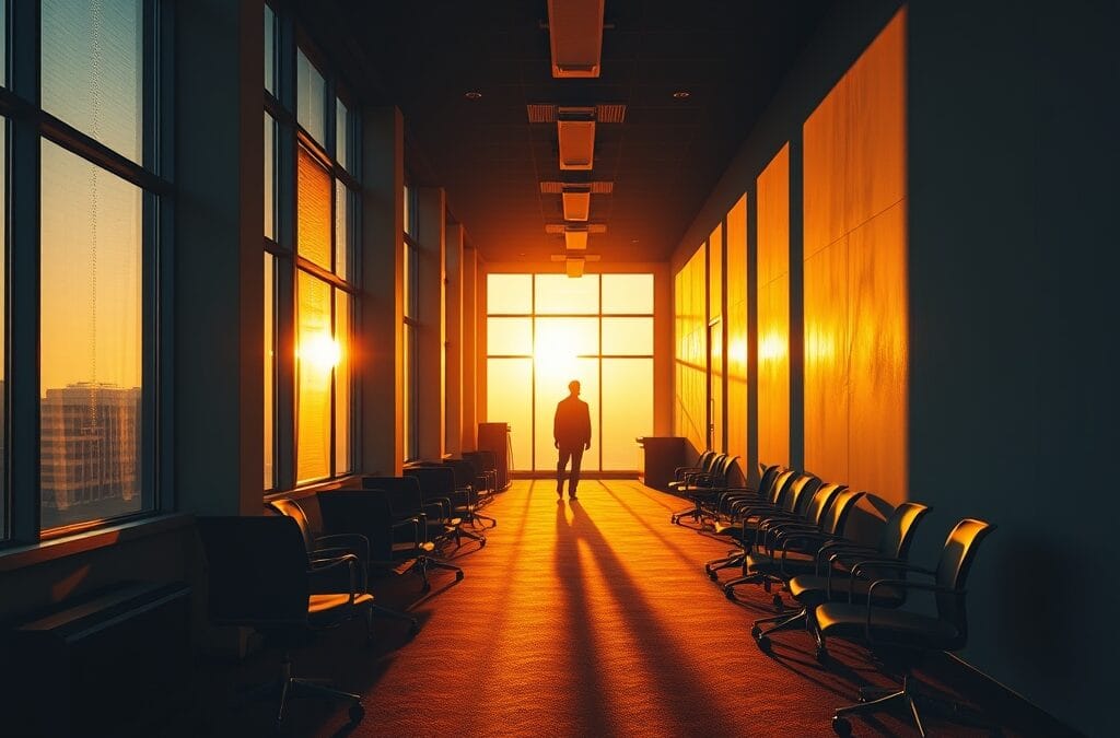 Illustration IA : couloir de bureau vide symbolisant les licenciements tech 2026