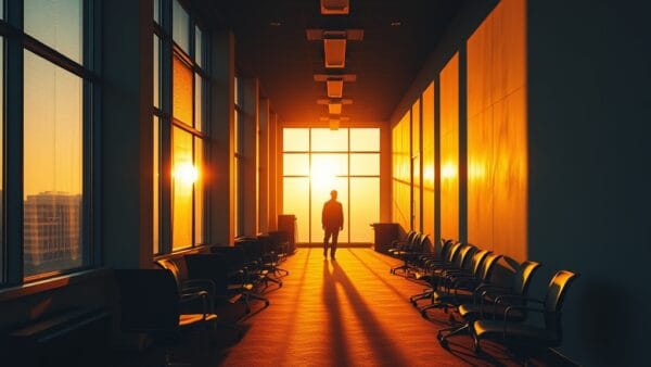 Illustration IA : couloir de bureau vide symbolisant les licenciements tech 2026