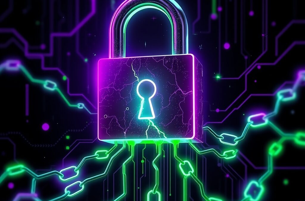 A cracked glowing digital lock with poisonous green code streams leaking from it, dark cybersecurity theme, abstract supply chain links breaking apart, purple and green neon accents on black background, no text no letters no words, editorial tech illustration
