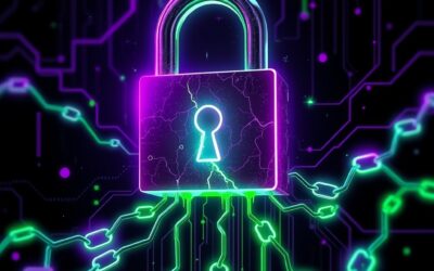 A cracked glowing digital lock with poisonous green code streams leaking from it, dark cybersecurity theme, abstract supply chain links breaking apart, purple and green neon accents on black background, no text no letters no words, editorial tech illustration