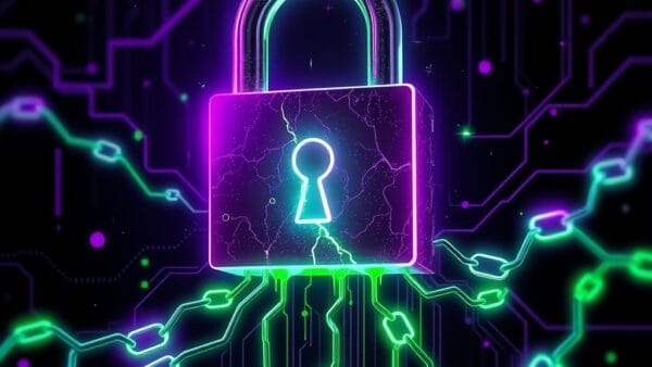 A cracked glowing digital lock with poisonous green code streams leaking from it, dark cybersecurity theme, abstract supply chain links breaking apart, purple and green neon accents on black background, no text no letters no words, editorial tech illustration