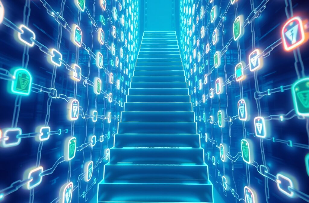 A luminous staircase ascending through layers of interconnected glowing supply chain links and security shields, cinematic editorial photography, sky blue and white palette with emerald green accents, subject in upper two-thirds with gradient fade at bottom, no text, no letters, no words, no writing, no signs, no labels, no watermarks, no logos, no typography, no numbers on surfaces