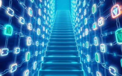 A luminous staircase ascending through layers of interconnected glowing supply chain links and security shields, cinematic editorial photography, sky blue and white palette with emerald green accents, subject in upper two-thirds with gradient fade at bottom, no text, no letters, no words, no writing, no signs, no labels, no watermarks, no logos, no typography, no numbers on surfaces