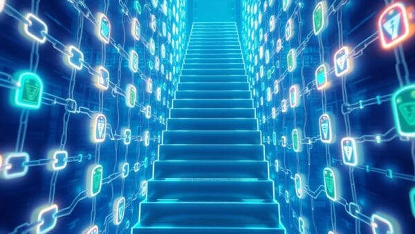 A luminous staircase ascending through layers of interconnected glowing supply chain links and security shields, cinematic editorial photography, sky blue and white palette with emerald green accents, subject in upper two-thirds with gradient fade at bottom, no text, no letters, no words, no writing, no signs, no labels, no watermarks, no logos, no typography, no numbers on surfaces