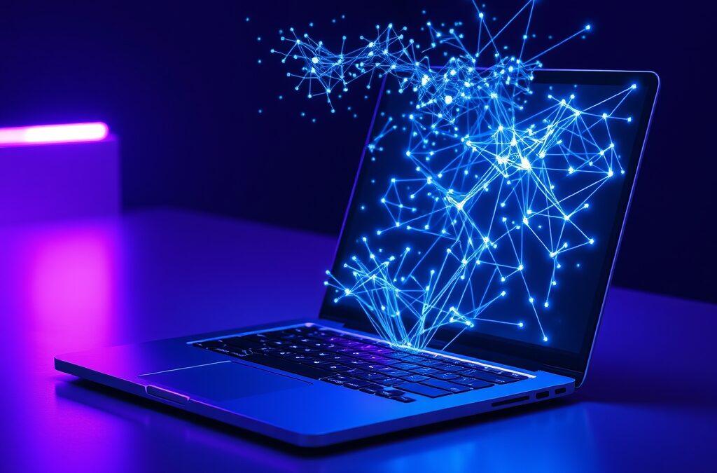 A sleek silver laptop open on a minimalist desk, glowing cyan neural network patterns emanating from the processor area, abstract AI visualization floating above the keyboard as holographic particles, violet and cyan neon ambient lighting, macro detail on aluminum unibody, cinematic editorial photography, dark environment, no text, no letters, no words, no writing, no signs, no labels, no watermarks, no logos, no typography, no numbers on surfaces