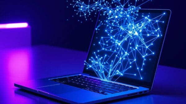 A sleek silver laptop open on a minimalist desk, glowing cyan neural network patterns emanating from the processor area, abstract AI visualization floating above the keyboard as holographic particles, violet and cyan neon ambient lighting, macro detail on aluminum unibody, cinematic editorial photography, dark environment, no text, no letters, no words, no writing, no signs, no labels, no watermarks, no logos, no typography, no numbers on surfaces