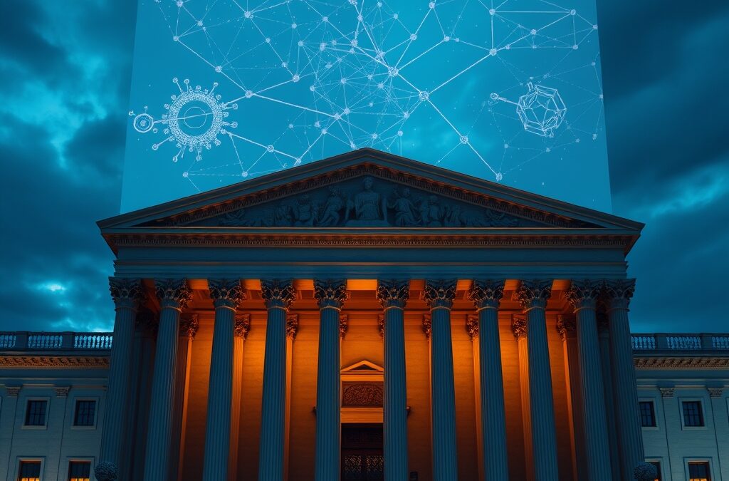 A grand neoclassical government building with holographic AI neural network projections floating above its columns, dramatic evening sky with deep blue and gold tones, cinematic editorial photography, institutional blue and gold palette, subject in upper two-thirds with gradient fade at bottom, no text, no letters, no words, no writing, no signs, no labels, no watermarks, no logos, no typography, no numbers on surfaces