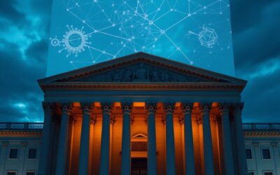 A grand neoclassical government building with holographic AI neural network projections floating above its columns, dramatic evening sky with deep blue and gold tones, cinematic editorial photography, institutional blue and gold palette, subject in upper two-thirds with gradient fade at bottom, no text, no letters, no words, no writing, no signs, no labels, no watermarks, no logos, no typography, no numbers on surfaces