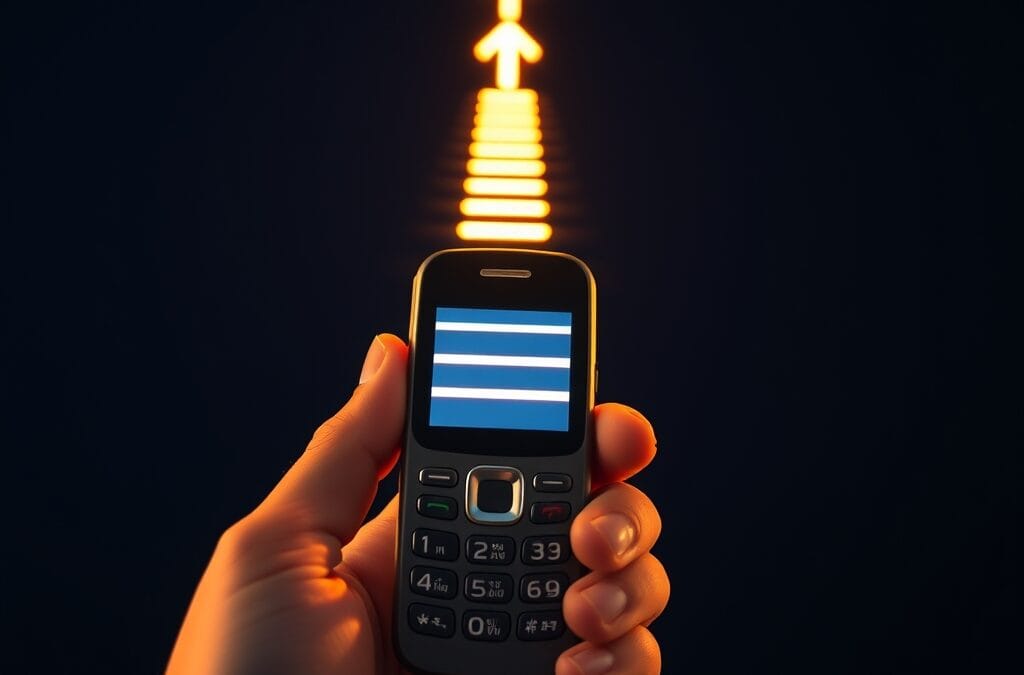 A single hand holding a basic flip phone with a bright glowing beam of light emanating upward from the screen forming a luminous staircase shape representing education and upward mobility, warm amber and steel blue palette on dark navy background, cinematic editorial photography, subject centered in upper two thirds, dramatic warm side lighting contrasting with cool background, bokeh particles, no text, no letters, no words, no writing, no signs, no labels, no watermarks, no logos, no typography, no numbers on surfaces