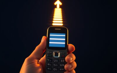 A single hand holding a basic flip phone with a bright glowing beam of light emanating upward from the screen forming a luminous staircase shape representing education and upward mobility, warm amber and steel blue palette on dark navy background, cinematic editorial photography, subject centered in upper two thirds, dramatic warm side lighting contrasting with cool background, bokeh particles, no text, no letters, no words, no writing, no signs, no labels, no watermarks, no logos, no typography, no numbers on surfaces