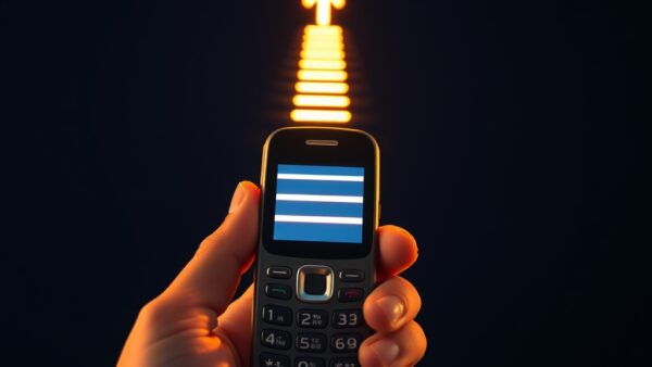 A single hand holding a basic flip phone with a bright glowing beam of light emanating upward from the screen forming a luminous staircase shape representing education and upward mobility, warm amber and steel blue palette on dark navy background, cinematic editorial photography, subject centered in upper two thirds, dramatic warm side lighting contrasting with cool background, bokeh particles, no text, no letters, no words, no writing, no signs, no labels, no watermarks, no logos, no typography, no numbers on surfaces