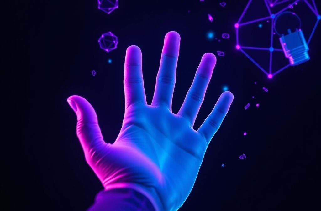 Illustration IA : main holographique symbolisant l'agent IA Manus sur bureau