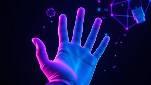 Illustration IA : main holographique symbolisant l'agent IA Manus sur bureau