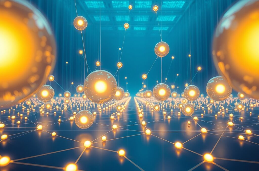 a network of autonomous glowing orbs connected by light threads operating independently in a vast digital landscape, cinematic editorial photography, blue institutional and gold palette, no text no letters no words no writing no signs no labels no watermarks no logos no typography no numbers on surfaces