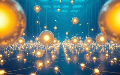 a network of autonomous glowing orbs connected by light threads operating independently in a vast digital landscape, cinematic editorial photography, blue institutional and gold palette, no text no letters no words no writing no signs no labels no watermarks no logos no typography no numbers on surfaces