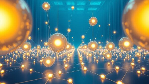 a network of autonomous glowing orbs connected by light threads operating independently in a vast digital landscape, cinematic editorial photography, blue institutional and gold palette, no text no letters no words no writing no signs no labels no watermarks no logos no typography no numbers on surfaces