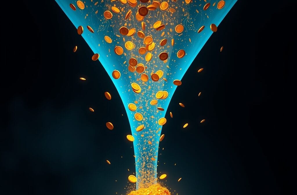 Illustration IA : pièces dorées et lumière représentant le marché publicitaire IA