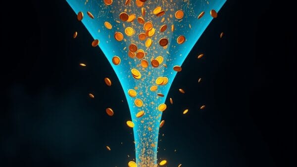 Illustration IA : pièces dorées et lumière représentant le marché publicitaire IA