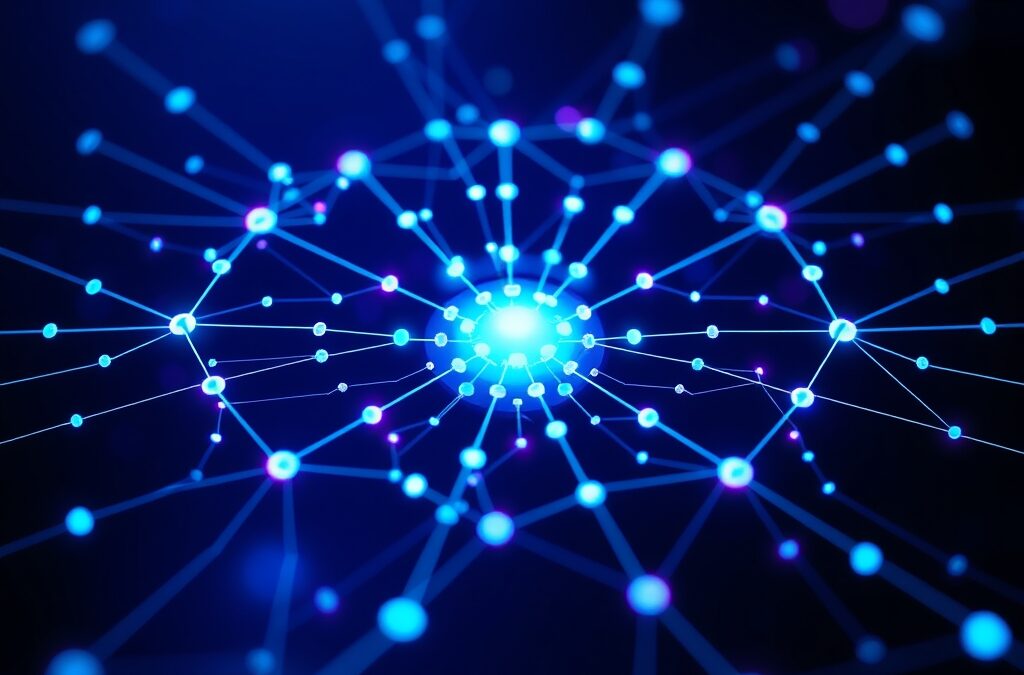 Abstract network topology rendered in steel blue and cyan neon light, thousands of glowing connection nodes radiating outward from a central luminous protocol hub, dark matte background with subtle violet ambient glow, sharp depth of field on the central cluster fading to soft bokeh at edges, ultra-clean digital aesthetic, no text no letters no words no characters no symbols no watermark