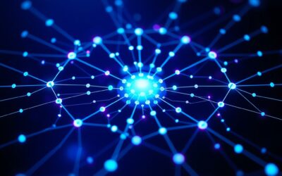 Abstract network topology rendered in steel blue and cyan neon light, thousands of glowing connection nodes radiating outward from a central luminous protocol hub, dark matte background with subtle violet ambient glow, sharp depth of field on the central cluster fading to soft bokeh at edges, ultra-clean digital aesthetic, no text no letters no words no characters no symbols no watermark