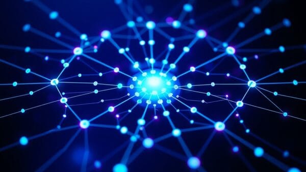 Abstract network topology rendered in steel blue and cyan neon light, thousands of glowing connection nodes radiating outward from a central luminous protocol hub, dark matte background with subtle violet ambient glow, sharp depth of field on the central cluster fading to soft bokeh at edges, ultra-clean digital aesthetic, no text no letters no words no characters no symbols no watermark