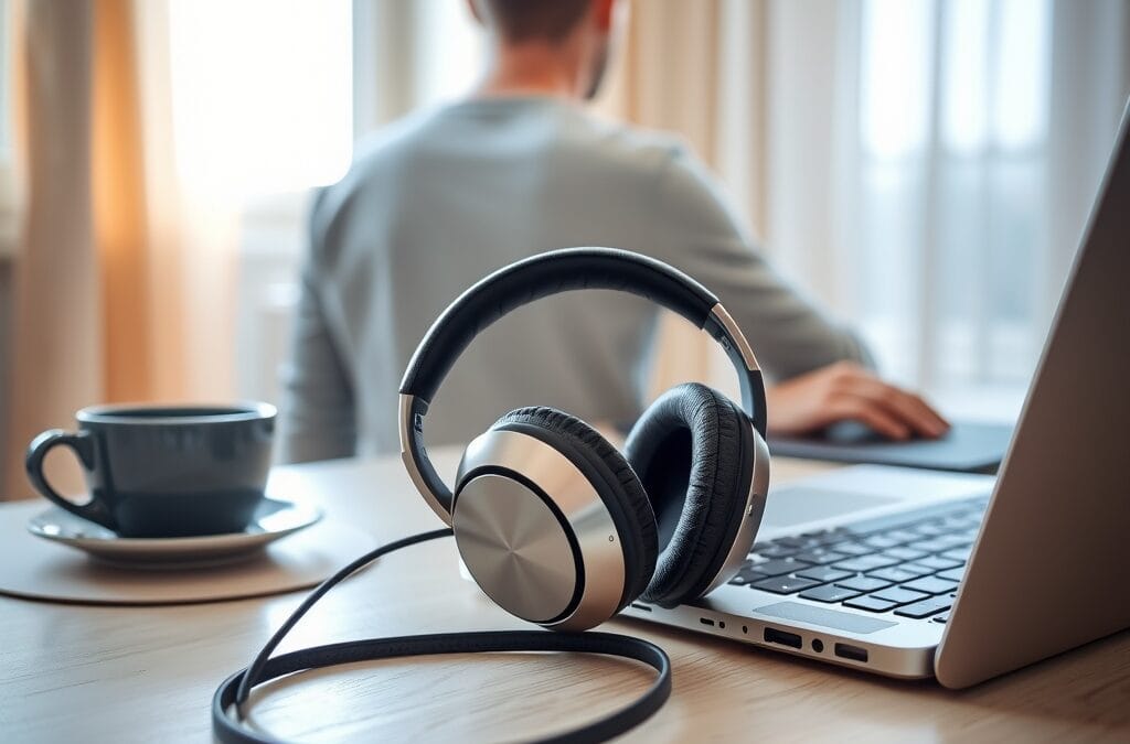 A pair of premium over-ear headphones resting on a clean minimalist wooden desk beside an open laptop, a warm cup of coffee nearby. A person seen from behind in soft focus works at the desk in a bright airy home office. Shot on 50mm f/1.8 lens with shallow depth of field. Natural window light from the left with bright sky blue tones, clean white surfaces, and soft warm amber accents filtering through sheer curtains. Professional editorial photograph, lifestyle aesthetic. Subject centered in middle third of frame with environmental context on sides. No text, no letters, no words, no writing, no signs, no labels, no watermarks, no logos, no typography, no numbers on surfaces.