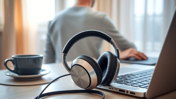 A pair of premium over-ear headphones resting on a clean minimalist wooden desk beside an open laptop, a warm cup of coffee nearby. A person seen from behind in soft focus works at the desk in a bright airy home office. Shot on 50mm f/1.8 lens with shallow depth of field. Natural window light from the left with bright sky blue tones, clean white surfaces, and soft warm amber accents filtering through sheer curtains. Professional editorial photograph, lifestyle aesthetic. Subject centered in middle third of frame with environmental context on sides. No text, no letters, no words, no writing, no signs, no labels, no watermarks, no logos, no typography, no numbers on surfaces.