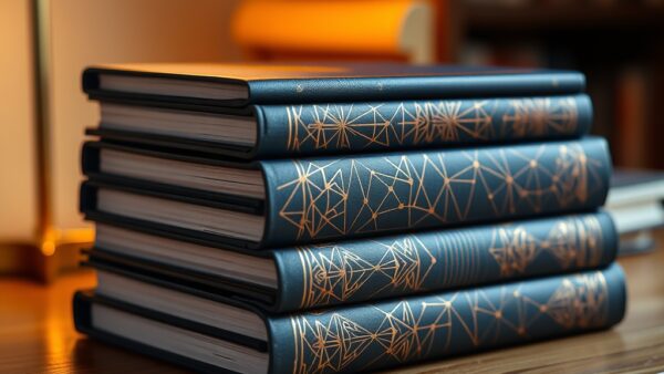 Stack of elegant hardcover books on a warm wooden desk with soft golden reading lamp light, spines showing abstract geometric AI neural network patterns embossed in copper and deep blue, shallow depth of field with cozy bokeh background suggesting a home library atmosphere, warm amber and navy tones, photographic still life composition with natural shadows, no text no letters no words no characters no symbols no watermark