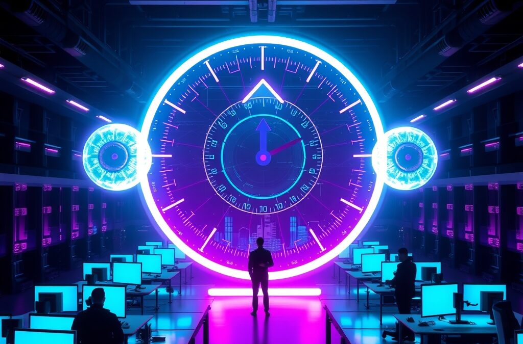 A futuristic open-plan office with rows of glowing holographic workstations, a giant translucent productivity gauge floating in the center showing an upward arrow, engineer silhouettes working alongside luminous AI assistant orbs, cinematic editorial photography, cyan neon and violet palette on dark background, subject in upper two thirds, dramatic ambient lighting with light rays, no text, no letters, no words, no writing, no signs, no labels, no watermarks, no logos, no typography, no numbers on surfaces
