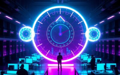 A futuristic open-plan office with rows of glowing holographic workstations, a giant translucent productivity gauge floating in the center showing an upward arrow, engineer silhouettes working alongside luminous AI assistant orbs, cinematic editorial photography, cyan neon and violet palette on dark background, subject in upper two thirds, dramatic ambient lighting with light rays, no text, no letters, no words, no writing, no signs, no labels, no watermarks, no logos, no typography, no numbers on surfaces