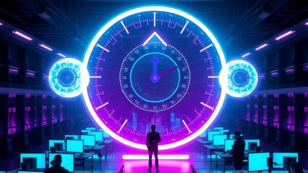 A futuristic open-plan office with rows of glowing holographic workstations, a giant translucent productivity gauge floating in the center showing an upward arrow, engineer silhouettes working alongside luminous AI assistant orbs, cinematic editorial photography, cyan neon and violet palette on dark background, subject in upper two thirds, dramatic ambient lighting with light rays, no text, no letters, no words, no writing, no signs, no labels, no watermarks, no logos, no typography, no numbers on surfaces