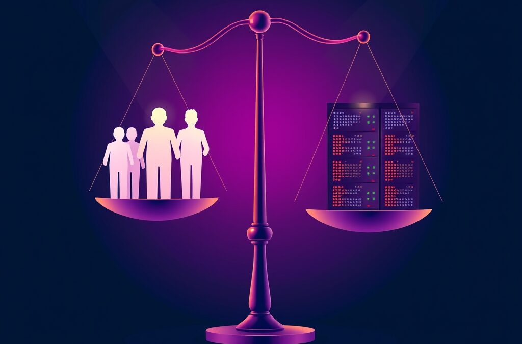 Abstract balance scale with glowing human silhouettes on one side and luminous server racks and circuit boards on the other side, dark corporate blue background with purple and orange gradient accents, no text no letters no words no numbers, modern editorial illustration style