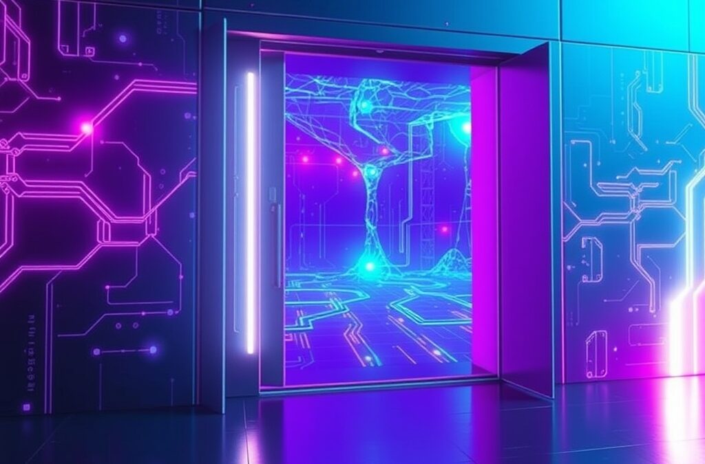 a massive glowing open door revealing a vast neural network landscape with flowing data streams, cinematic editorial photography, cyan neon and violet palette, epic wide angle composition, no text no letters no words no writing no signs no labels no watermarks no logos no typography no numbers on surfaces