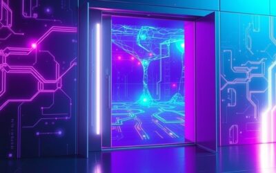 a massive glowing open door revealing a vast neural network landscape with flowing data streams, cinematic editorial photography, cyan neon and violet palette, epic wide angle composition, no text no letters no words no writing no signs no labels no watermarks no logos no typography no numbers on surfaces