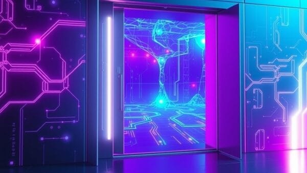 a massive glowing open door revealing a vast neural network landscape with flowing data streams, cinematic editorial photography, cyan neon and violet palette, epic wide angle composition, no text no letters no words no writing no signs no labels no watermarks no logos no typography no numbers on surfaces