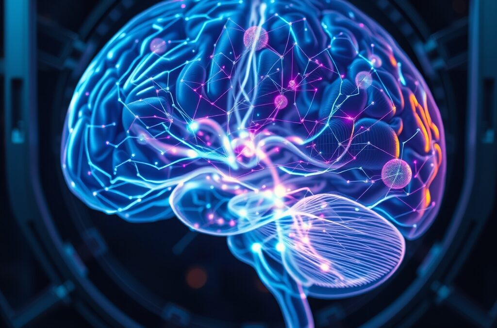 Translucent human brain cross-section revealing luminous neural pathways mapped by flowing data streams in cyan and violet, steel blue metallic scanner frame surrounding the brain, dark laboratory atmosphere with subtle warm amber accent on cortex regions, extreme macro photography style with razor sharp detail on neural connections fading to soft bokeh, no text no letters no words no characters no symbols no watermark