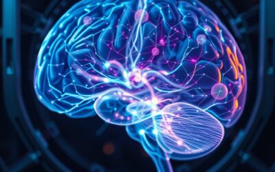 Translucent human brain cross-section revealing luminous neural pathways mapped by flowing data streams in cyan and violet, steel blue metallic scanner frame surrounding the brain, dark laboratory atmosphere with subtle warm amber accent on cortex regions, extreme macro photography style with razor sharp detail on neural connections fading to soft bokeh, no text no letters no words no characters no symbols no watermark