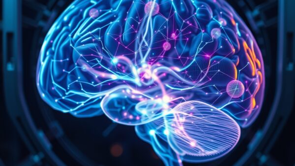 Translucent human brain cross-section revealing luminous neural pathways mapped by flowing data streams in cyan and violet, steel blue metallic scanner frame surrounding the brain, dark laboratory atmosphere with subtle warm amber accent on cortex regions, extreme macro photography style with razor sharp detail on neural connections fading to soft bokeh, no text no letters no words no characters no symbols no watermark