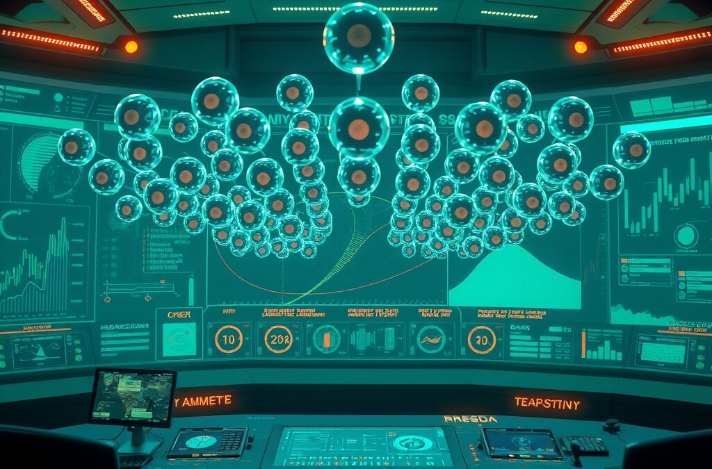 A vast holographic dashboard with dozens of autonomous AI agent orbs floating in organized formation above a futuristic command center desk, emerald green and blue palette with amber accent highlights, cinematic editorial photography, subject in upper two-thirds with gradient fade at bottom, no text, no letters, no words, no writing, no signs, no labels, no watermarks, no logos, no typography, no numbers on surfaces
