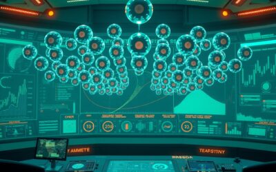 A vast holographic dashboard with dozens of autonomous AI agent orbs floating in organized formation above a futuristic command center desk, emerald green and blue palette with amber accent highlights, cinematic editorial photography, subject in upper two-thirds with gradient fade at bottom, no text, no letters, no words, no writing, no signs, no labels, no watermarks, no logos, no typography, no numbers on surfaces