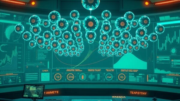 A vast holographic dashboard with dozens of autonomous AI agent orbs floating in organized formation above a futuristic command center desk, emerald green and blue palette with amber accent highlights, cinematic editorial photography, subject in upper two-thirds with gradient fade at bottom, no text, no letters, no words, no writing, no signs, no labels, no watermarks, no logos, no typography, no numbers on surfaces